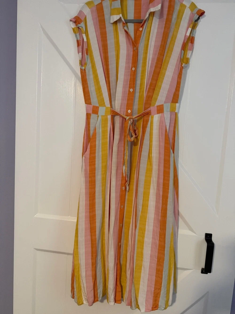 LOFT Striped Button-Front Midi Dress in Pink, Orange & Mustard - Picture 4 of 10